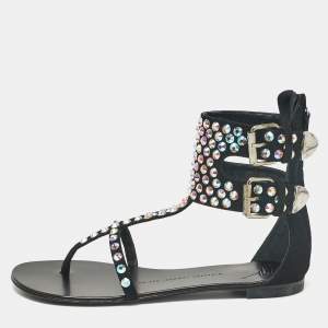 Pre Owned Giuseppe Zanotti Black Suede Crystal Embellished Thong Ankle Cuff Flat Sandals Size 37