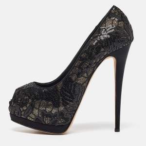 Giuseppe Zanotti Black/Gold Lace and Sequins Sharon Platform Pumps 39.5