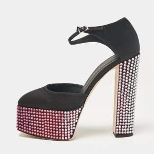Giuseppe Zanotti Black Satin Crystal Embellished Mary Jane Pumps Size 40