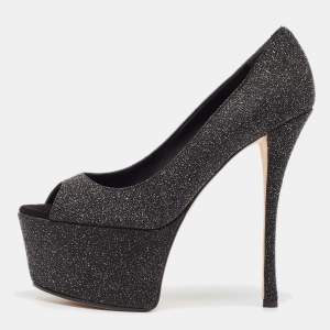 Giuseppe Zanotti Black Glitter Suede Platform Peep Toe Pumps Size 39.5