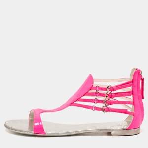Giuseppe Zanotti Neon Pink Patent Leather Roll Flat Sandals Size 37