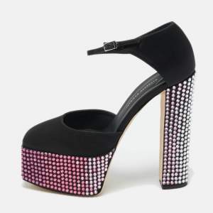 Pre Owned Giuseppe Zanotti Black Satin Crystal Embellished Platform Sandals 40