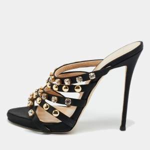 Pre Owned Giuseppe Zanotti Black Satin Camilla Crystal Slide Sandals Size 38.5