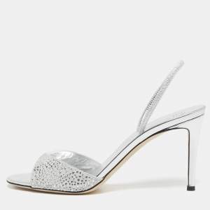 مملوكة مسبقًا Giuseppe Zanotti Lilibeth Starlight Size 37 Light Grey Suede Crystal Embellished Slingback Sandals