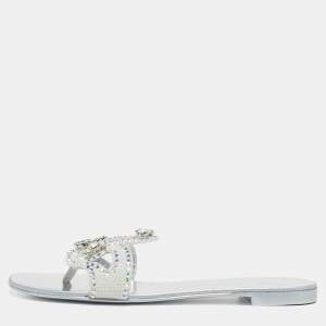 مملوكة مسبقًا Giuseppe Zanotti Turchesite Size 37 White Suede Crystal Embellished Flat Slide Sandals