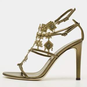مملوكة مسبقًا Giuseppe Zanotti Amira Size 37 Olive Green Leather Charm Embellished Gladiator Sandals
