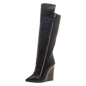 Pre Owned Giuseppe Zanotti Black Leather and Fur Lining Guaz Knee Boots Size 37