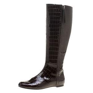 Pre Owned Giuseppe Zanotti Brown Croc Embossed Patent Ringotto Over the Knee Boots Size 36