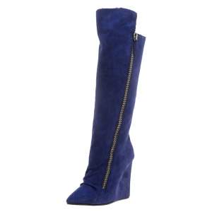 Pre Owned Giuseppe Zanotti Blue Suede Guaz Fur Lined Wedge Knee Boots Size 39