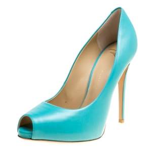 Pre Owned Giuseppe Zanotti Aqua Blue Leather Peep Toe Pumps Size 39
