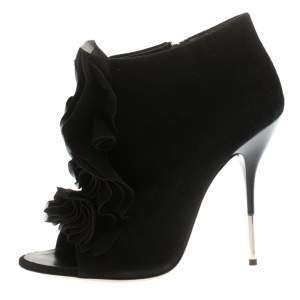 Giuseppe Zanotti Black Suede Peep Toe Silk Ruffle Detail Ankle Booties Size 40.5