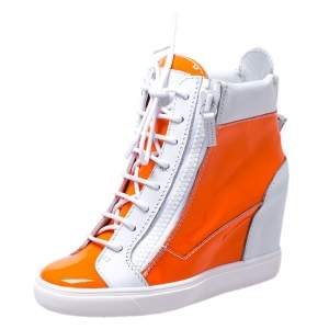 Pre Owned Giuseppe Zanotti Orange/White Patent Leather Hidden Wedge Sneakers Size 38.5