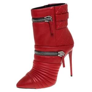 Pre Owned Giuseppe Zanotti Red Quilted Leather Double Zip Accent Booties Size 39