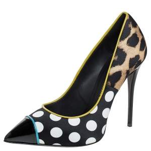 Pre Owned Giuseppe Zanotti Multicolor Leopard/Polka Dots Satin and Patent Leather Yvette Pointed Toe Pumps 37