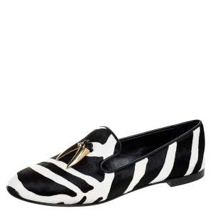 Pre Owned  Giuseppe Zanotti Zebra Print Calfhair Lucia Shark Tooth Smoking Slippers Size 38.5