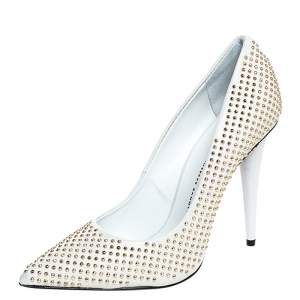 Pre Owned Giuseppe Zanotti White Leather Studded Pointed Toe Pumps Size 38.5