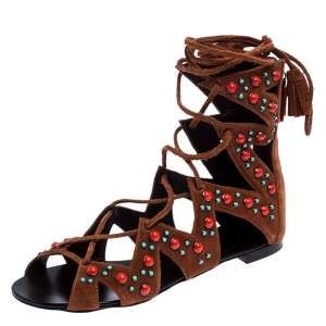 Pre Owned Giuseppe Zanotti Brown Studded Suede Gladiator Flat Sandals Size 38