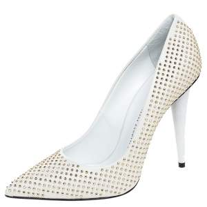 Pre Owned Giuseppe Zanotti White Leather Stud Embellished Ester Pointed Toe Pumps Size 39