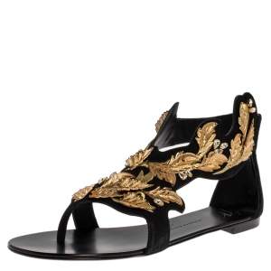 Pre Owned Giuseppe Zanotti Black/Gold Suede Metal Leaf Embellished Flat Sandals Size 41