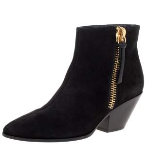 Pre Owned Giuseppe Zanotti Black Suede Gold Zipper Ankle Boots Size 37.5