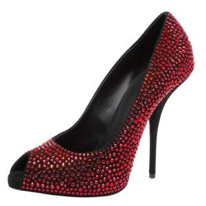 Pre Owned Giuseppe Zanotti Red/Black Suede Nika Crystal Embellished Peep Toe Pumps Size 39.5
