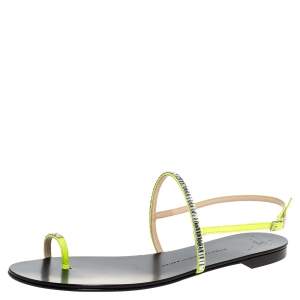 Pre Owned Giuseppe Zanotti Green Leather Crystal Embellished Toe Ring Slingback Flat Sandals Size 40