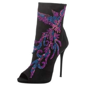 Pre Owned Giuseppe Zanotti Black Suede Phoenix Embroidered Mid Length Boots Size 40
