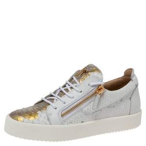 Pre Owned Giuseppe Zanotti White/Gold Python Embossed Leather Dona Low Top Sneakers Size 40