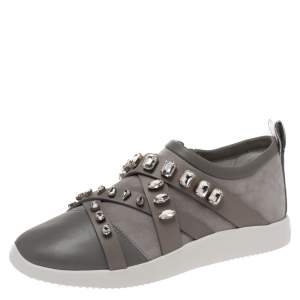 Pre Owned Giuseppe Zanotti Grey Suede Leather Crystal Embellihsed Low Top Sneakers Size 37.5