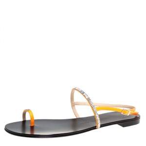 Pre Owned Giuseppe Zanotti Orange Leather Strass Embellished Sling Strap Flat Sandals  Size 40