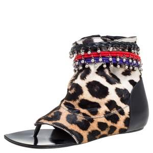 Pre Owned Giuseppe Zanotti Brown Animal Print Charm Flat Sandals Size 37