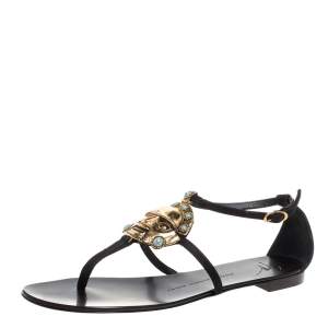 Pre Owned Giuseppe Zanotti Black Leather Embellished Strappy Flat Sandals Size 40