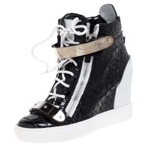 Pre Owned Giuseppe Zanotti Black Python Embossed Patent Leather Lorenz Wedge High Top Sneakers Size 38