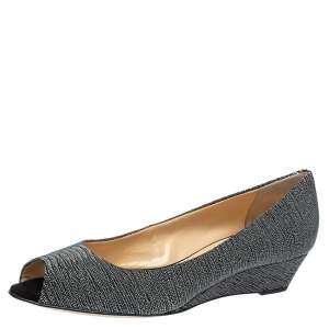 Pre Owned Giuseppe Zanotti Metallic Grey Glitter Fabric Wedge Peep Toe Pumps Size 41