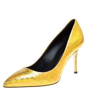 Pre Owned Giuseppe Zanotti Metallic Gold Python Embossed Leather Pointed Toe Pumps Size 36
