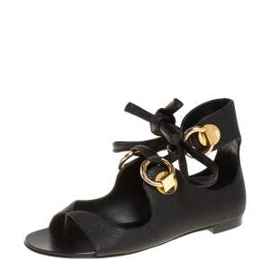 Pre Owned Giuseppe Zanotti Black Leather Flat Ankle Wrap Sandals Size 38