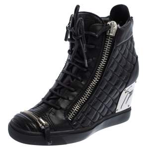 Pre Owned Giuseppe Zanotti Black Quilted Leather Lorenz Wedge Sneakers Size 41
