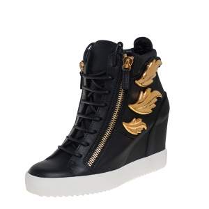 Pre Owned Giuseppe Zanotti Black Leather Wing Detail High Top Wedge Sneakers 41