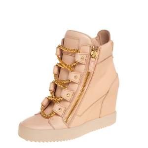 Pre Owned Giuseppe Zanotti Beige Leather Chain Detail High Top Wedge Sneakers Size 39