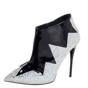 Giuseppe Zanotti Black Patent Leather And Suede Crystal Zig Zag Patterned Booties Size 36.5
