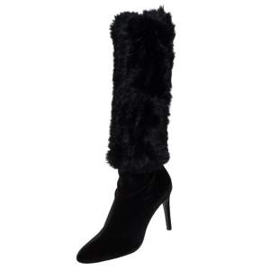 Giuseppe Zanotti Black Stretch Fabric And Fur Bimba Knee High Boots Size 40