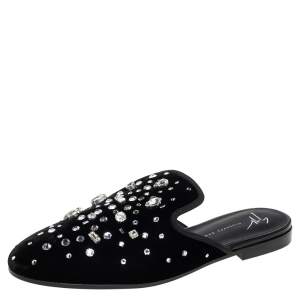 Pre Owned Giuseppe Zanotti Black Velvet Letizia Crystal Embellished Mules Size 38
