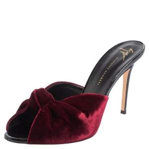 Pre Owned Giuseppe Zanotti Burgundy Velvet Knot Open Toe Sandals Size 40.5