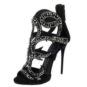 Pre Owned Giuseppe Zanotti Black Suede Crystal Embellished Sandals Size 38