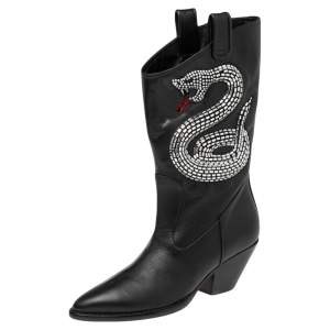 Pre Owned Giuseppe Zanotti Black Leather Snake Embellished Guns 55 Cowboy Boots Size 37