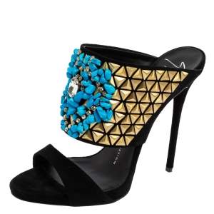 Pre Owned Giuseppe Zanotti Black Embellished Suede Coline Open Toe Sandals Size 37