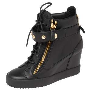 Giuseppe Zanotti Black Leather High Top Wedge Sneakers Size 39