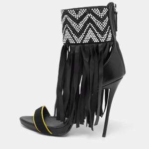 Pre Owned Giuseppe Zanotti Black Leather And Suede Crystal Embellished  Fringe Open Toe  Sandals Size 38