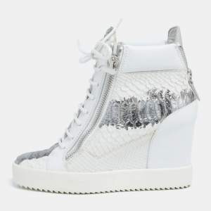 Pre Owned Giuseppe Zanotti White/Silver Python Embossed Leather Wedge Sneakers Size 38