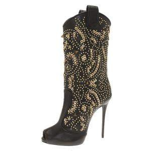 Pre Owned Giuseppe Zanotti Black Studded Leather Coline Peep Toe Mid Calf Boots Size 37